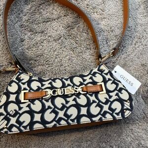 Classy Guess Monogram Pattern Navy and White Shoulder Viral Hand Bag